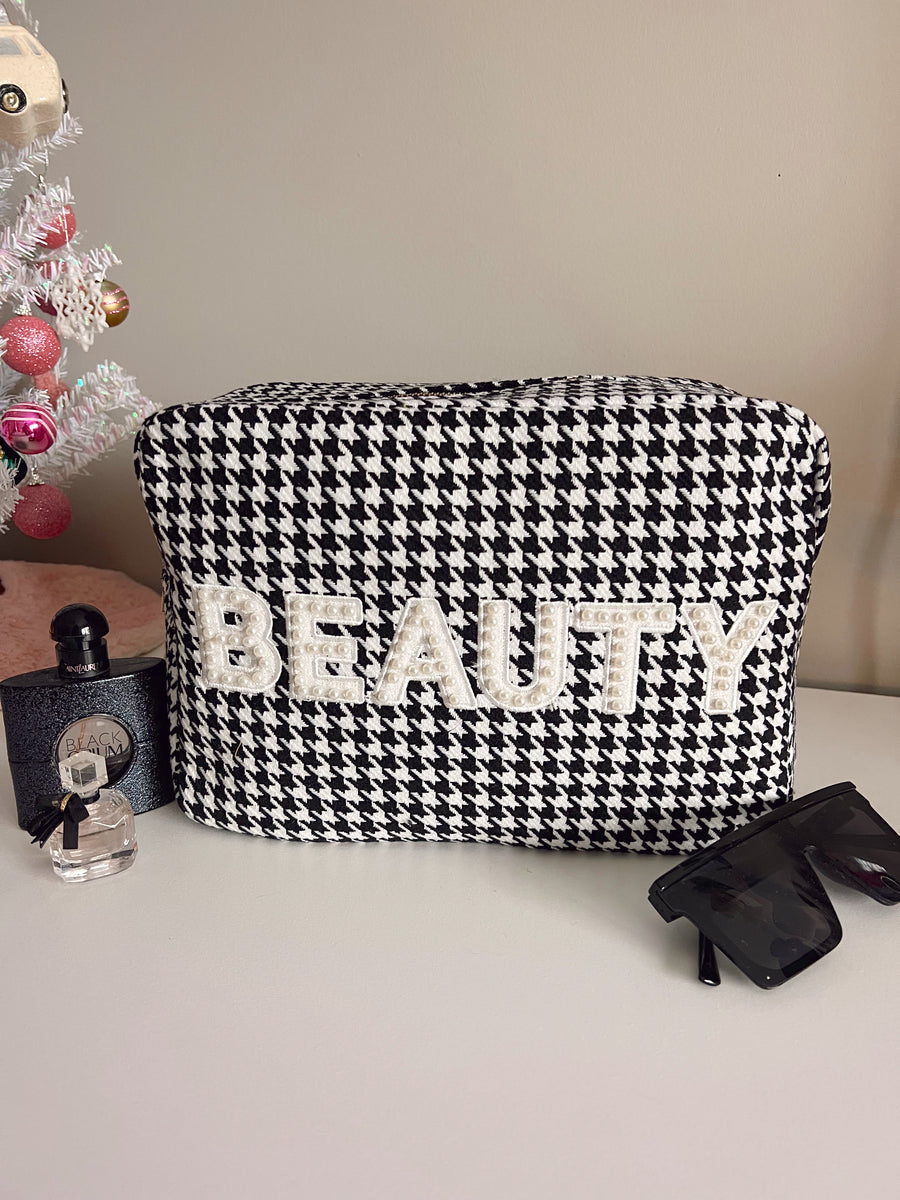 Houndstooth Beauty XL Makeup Bag Black KenzKustomz