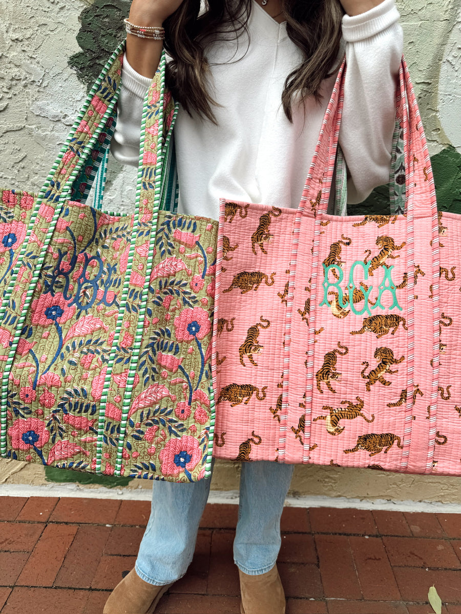 Quilted Block Print Tote Bag