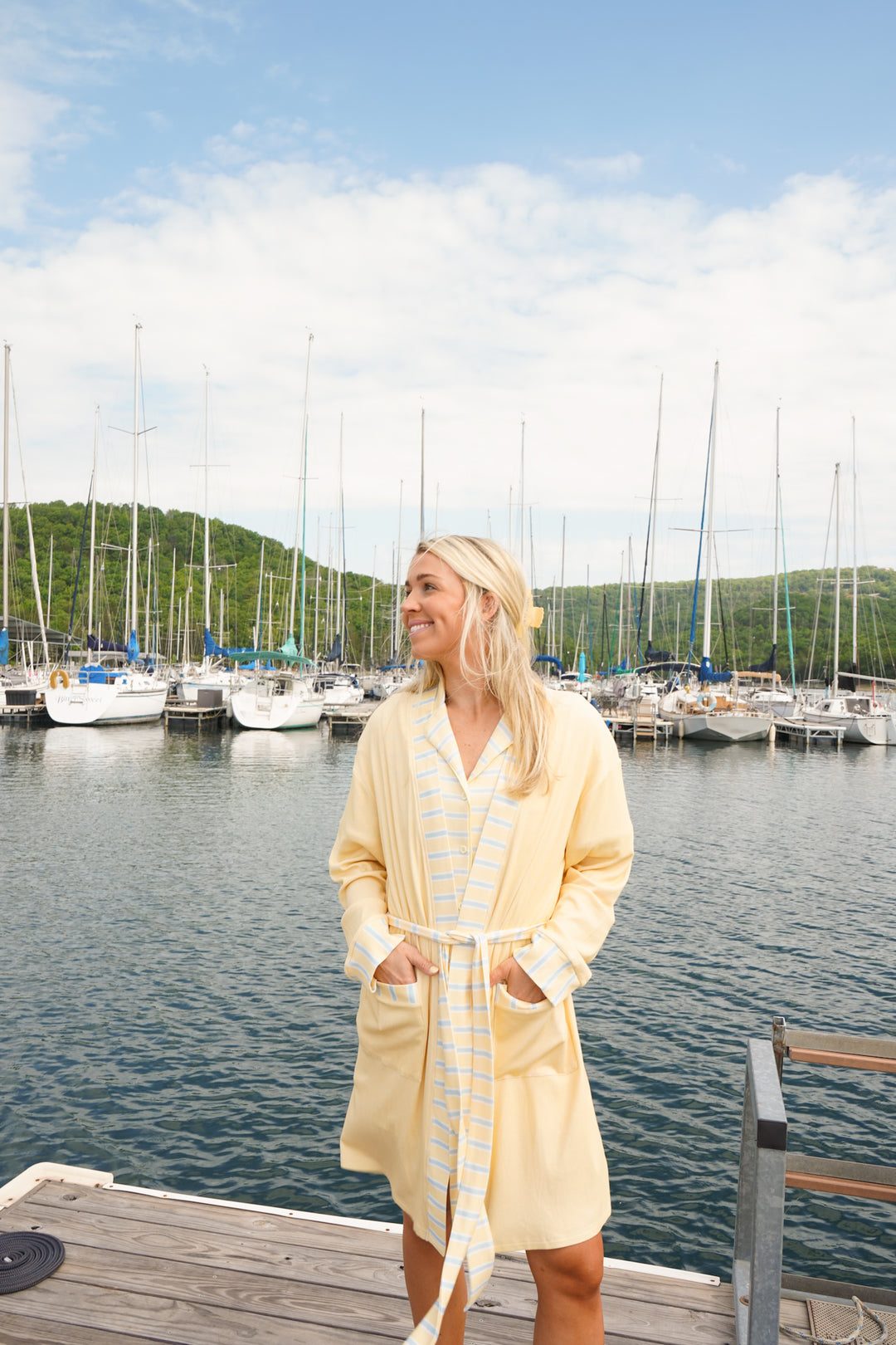 Butter &amp; Blue Stripes Ribbed Bamboo Lounge Robe