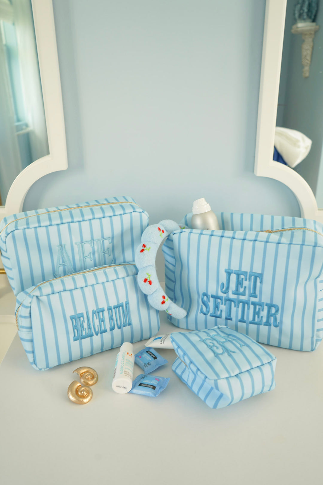 Nylon Striped Makeup Bag Collection