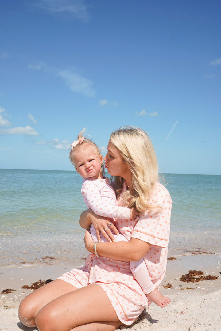 Peach Polka Dot Ribbed Bamboo Short Pajama Set