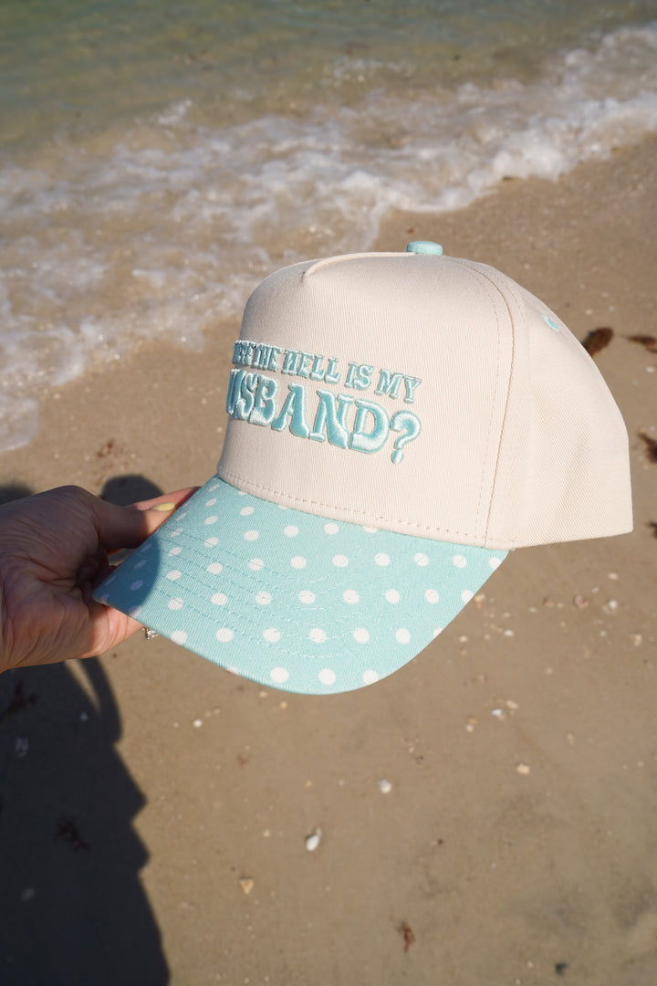 Where is my Husband? - Baby Blue Polka Dot Trucker