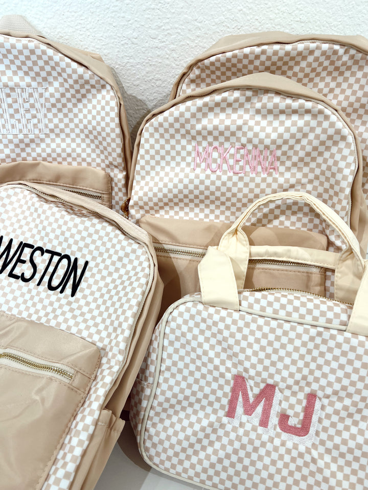 Tan Checkered Backpack -PLAIN NO EMBROIDERY