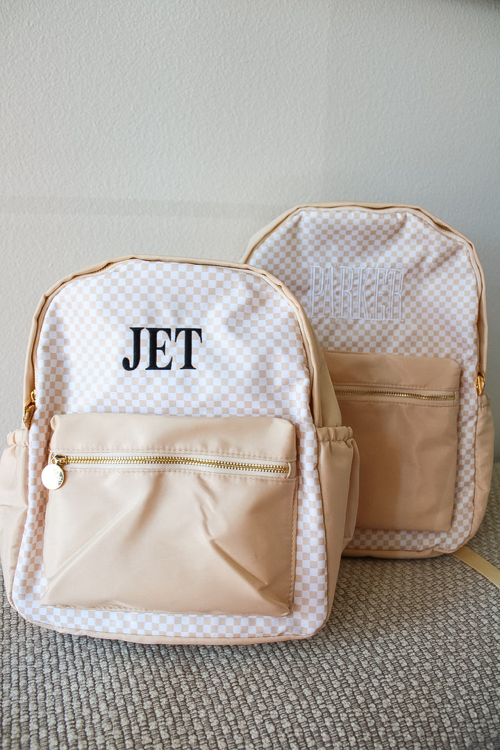 Tan Checkered Backpack -PLAIN NO EMBROIDERY
