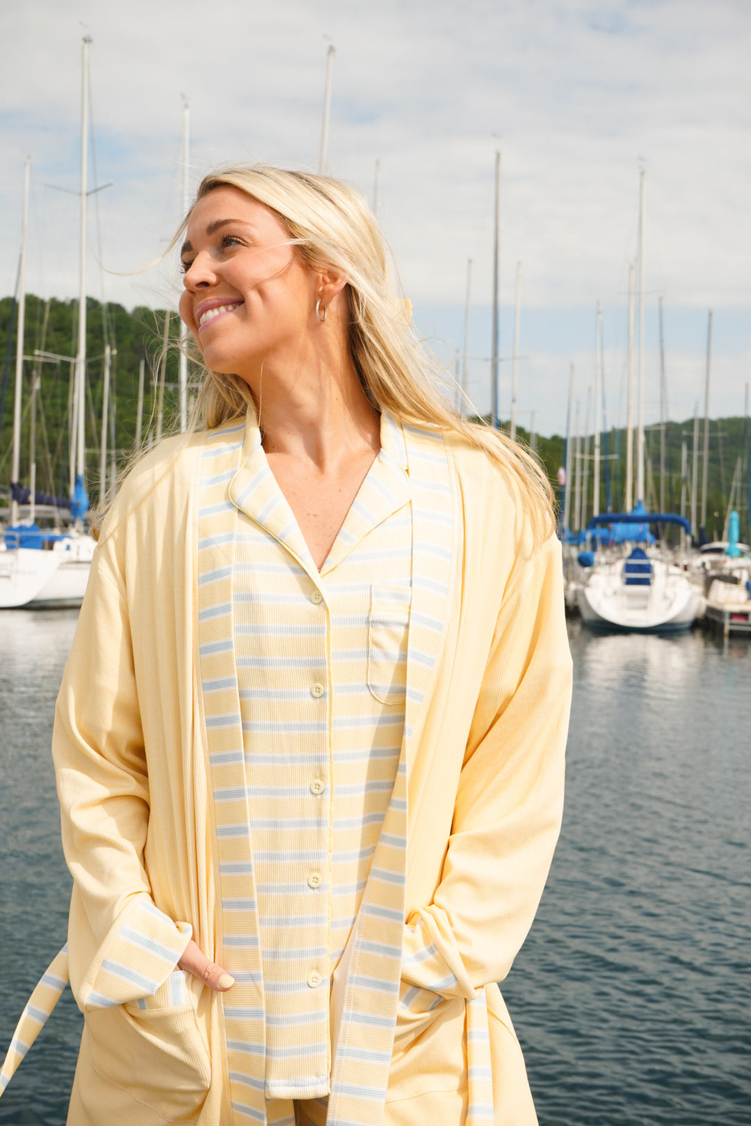 Butter &amp; Blue Stripes Ribbed Bamboo Lounge Robe