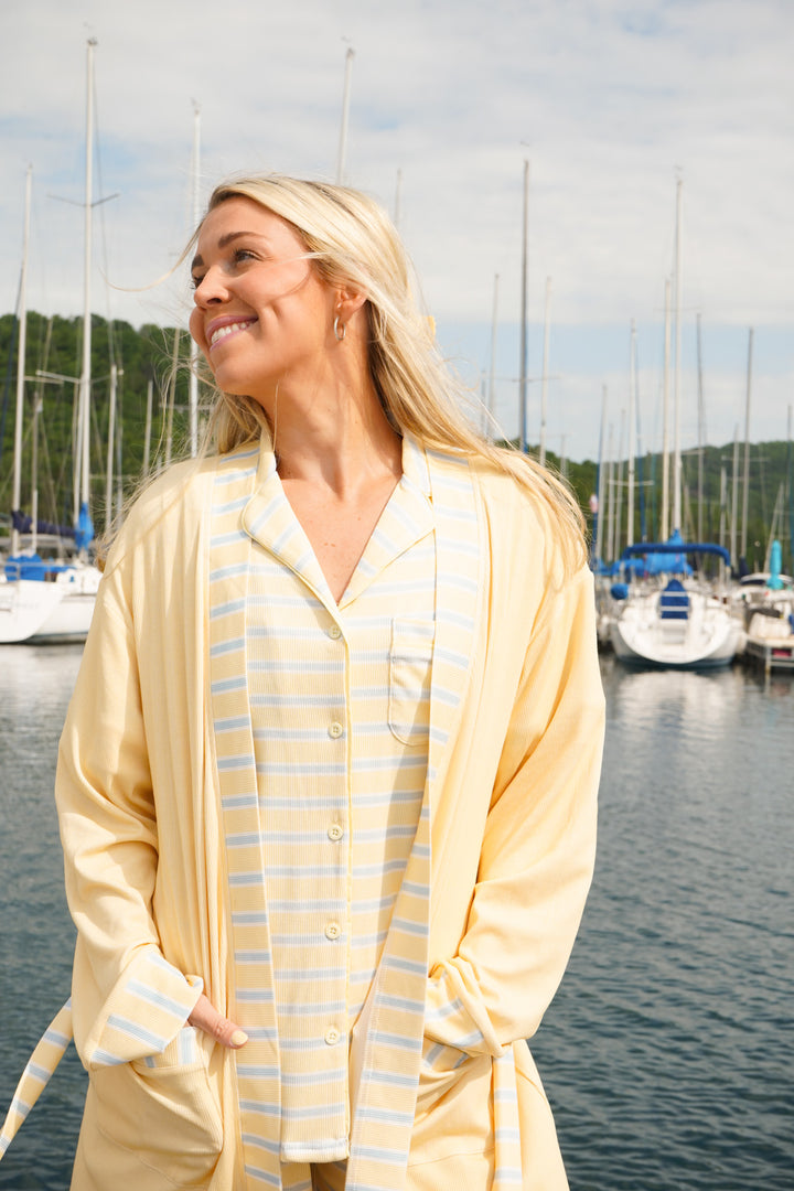 Butter &amp; Blue Stripes Ribbed Bamboo Lounge Robe