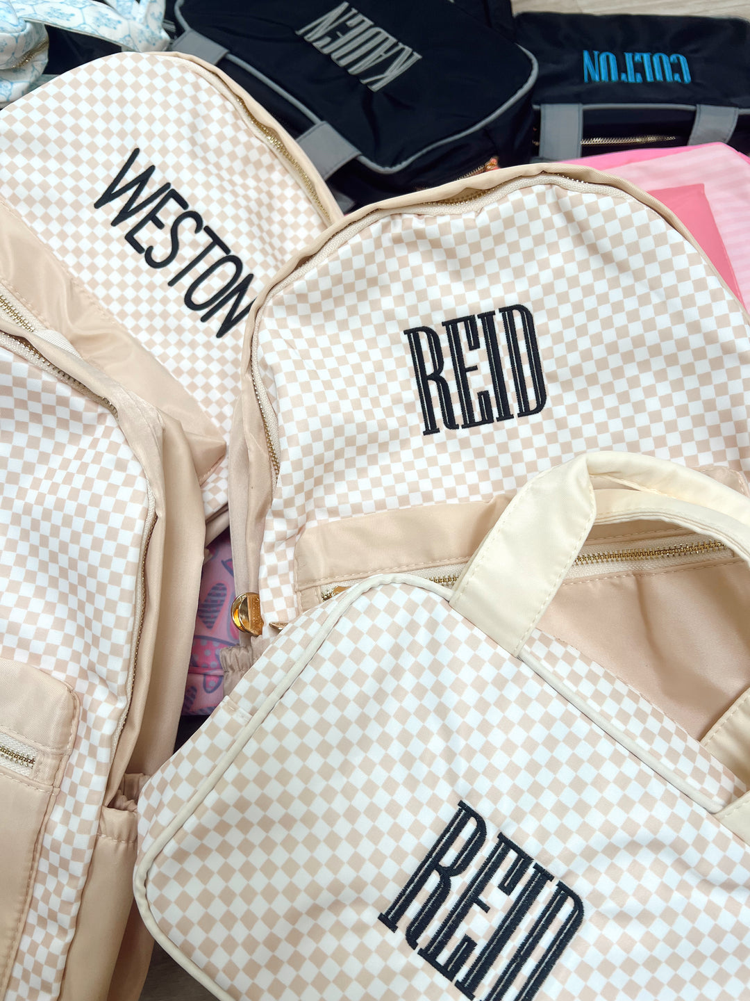 Tan Checkered Backpack -PLAIN NO EMBROIDERY