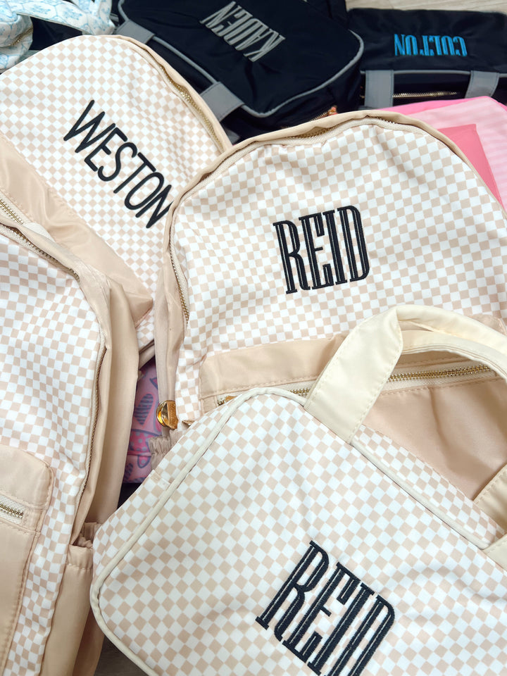 Tan Checkered Backpack -PLAIN NO EMBROIDERY