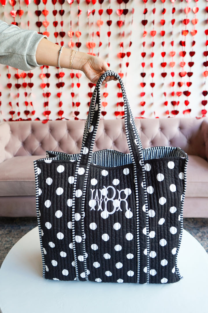 Quilted Block-Print Tote - Black Polka Dot