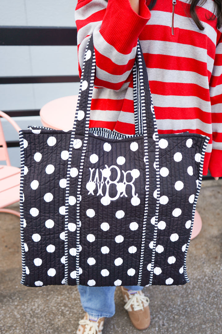 Quilted Block-Print Tote - Black Polka Dot