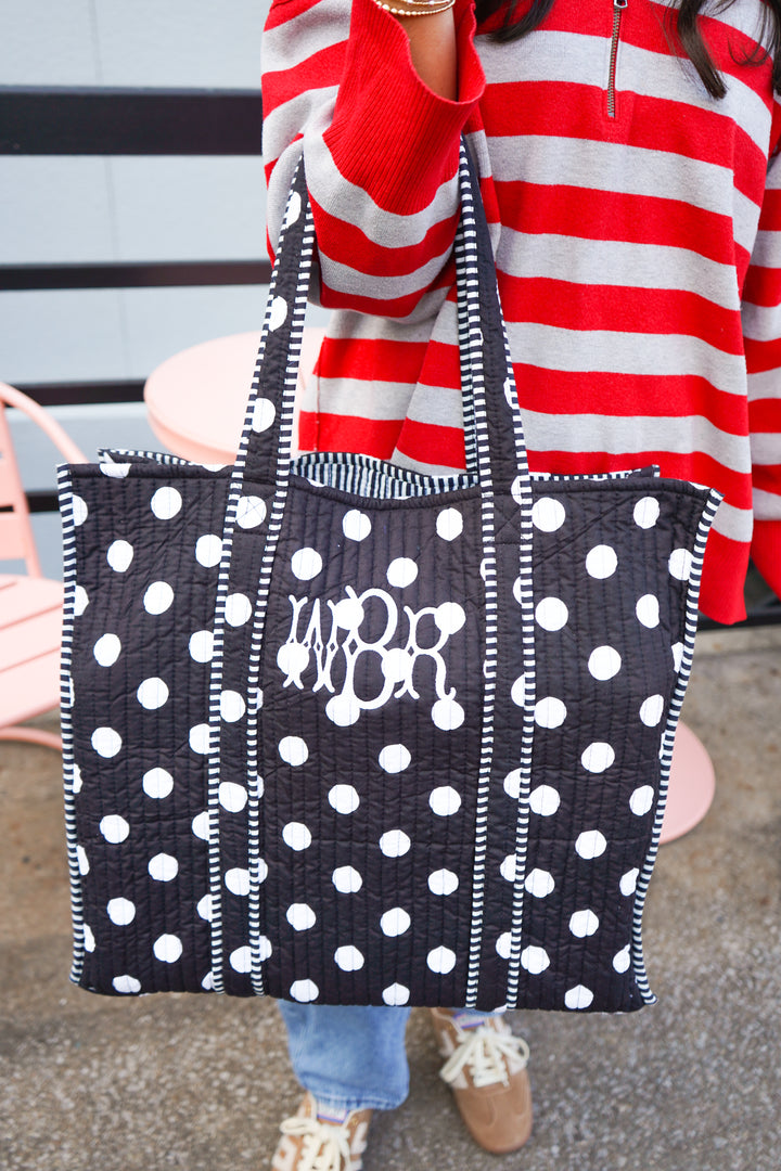 Quilted Block-Print Tote - Black Polka Dot