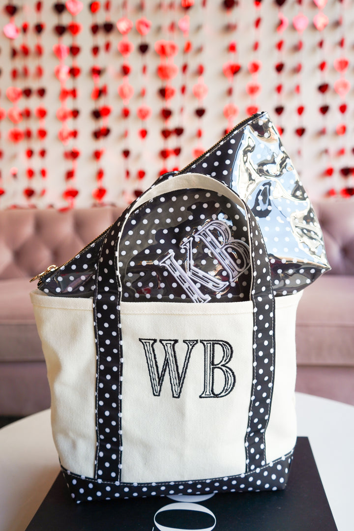 Black Polka Dot Mini Canvas Tote - Embroidered