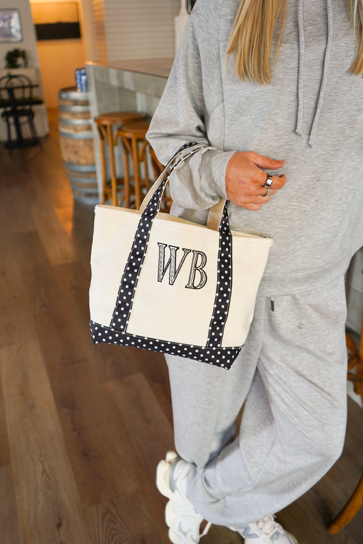 Black Polka Dot Mini Canvas Tote - Embroidered