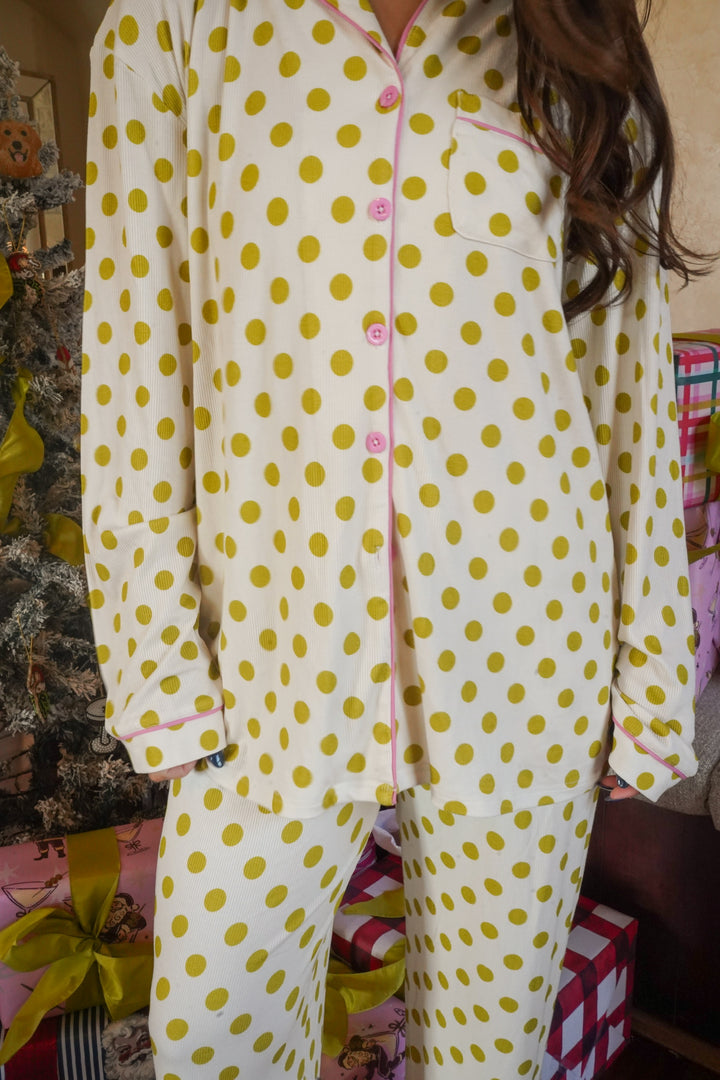 Chartreuse Polka Dot - Ribbed Bamboo Long Sleeve + Pants Pajama Set