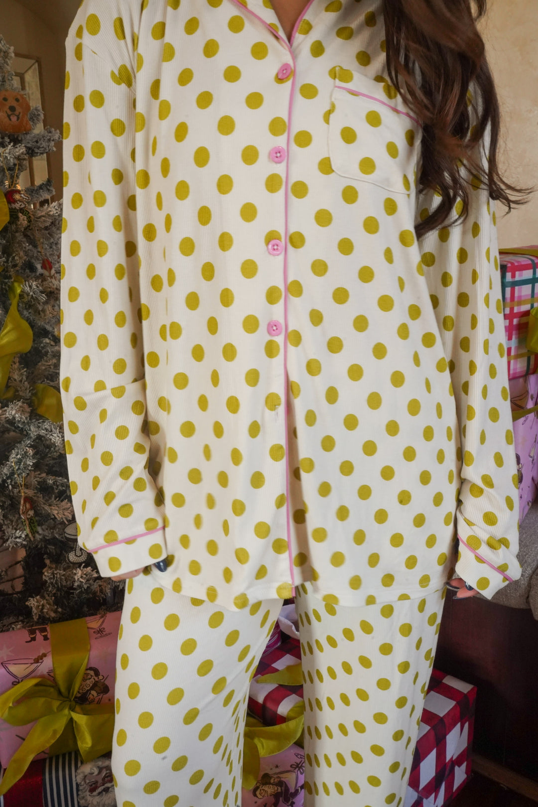 Chartreuse Polka Dot - Ribbed Bamboo Long Sleeve + Pants Pajama Set