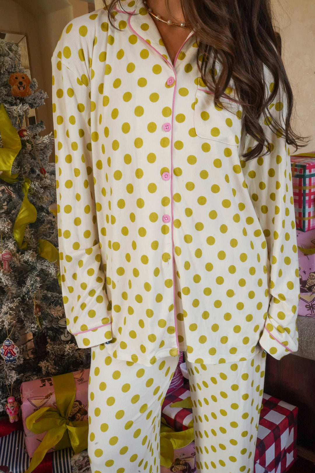 Chartreuse Polka Dot - Ribbed Bamboo Long Sleeve + Pants Pajama Set