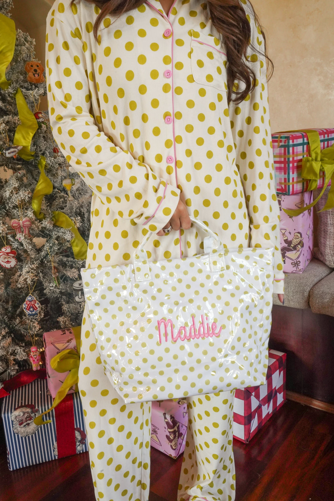 Chartreuse Polka Dot - Ribbed Bamboo Long Sleeve + Pants Pajama Set