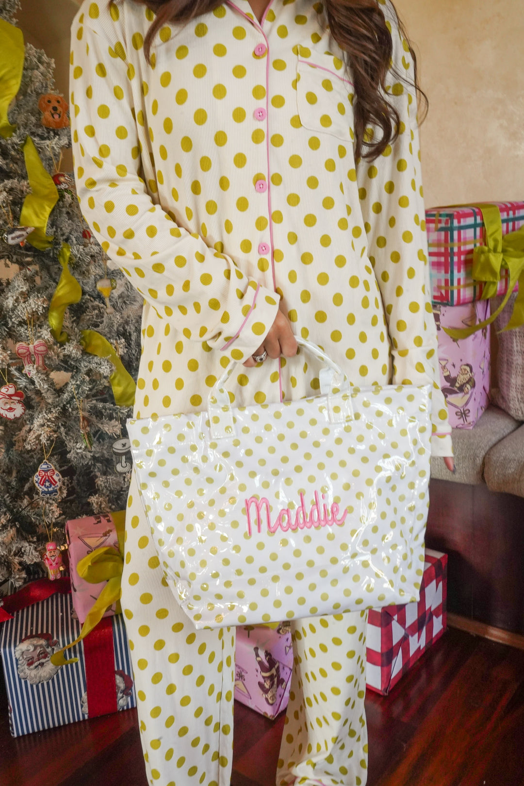 Chartreuse Polka Dot - Ribbed Bamboo Long Sleeve + Pants Pajama Set