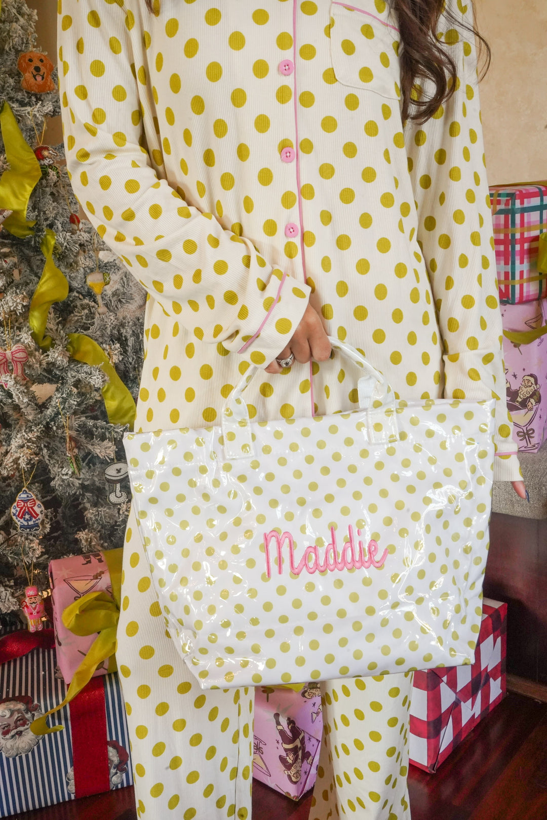 Chartreuse Polka Dot - Ribbed Bamboo Long Sleeve + Pants Pajama Set