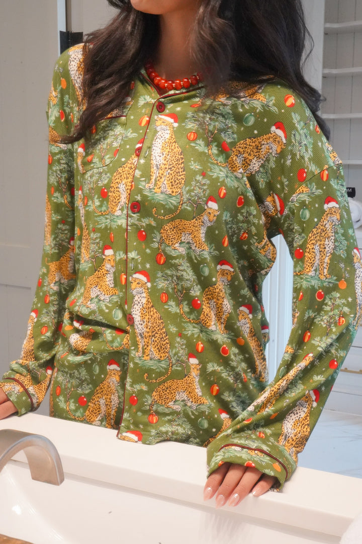 Christmas Cheetah - Ribbed Bamboo Long Sleeve + Pants Pajama Set