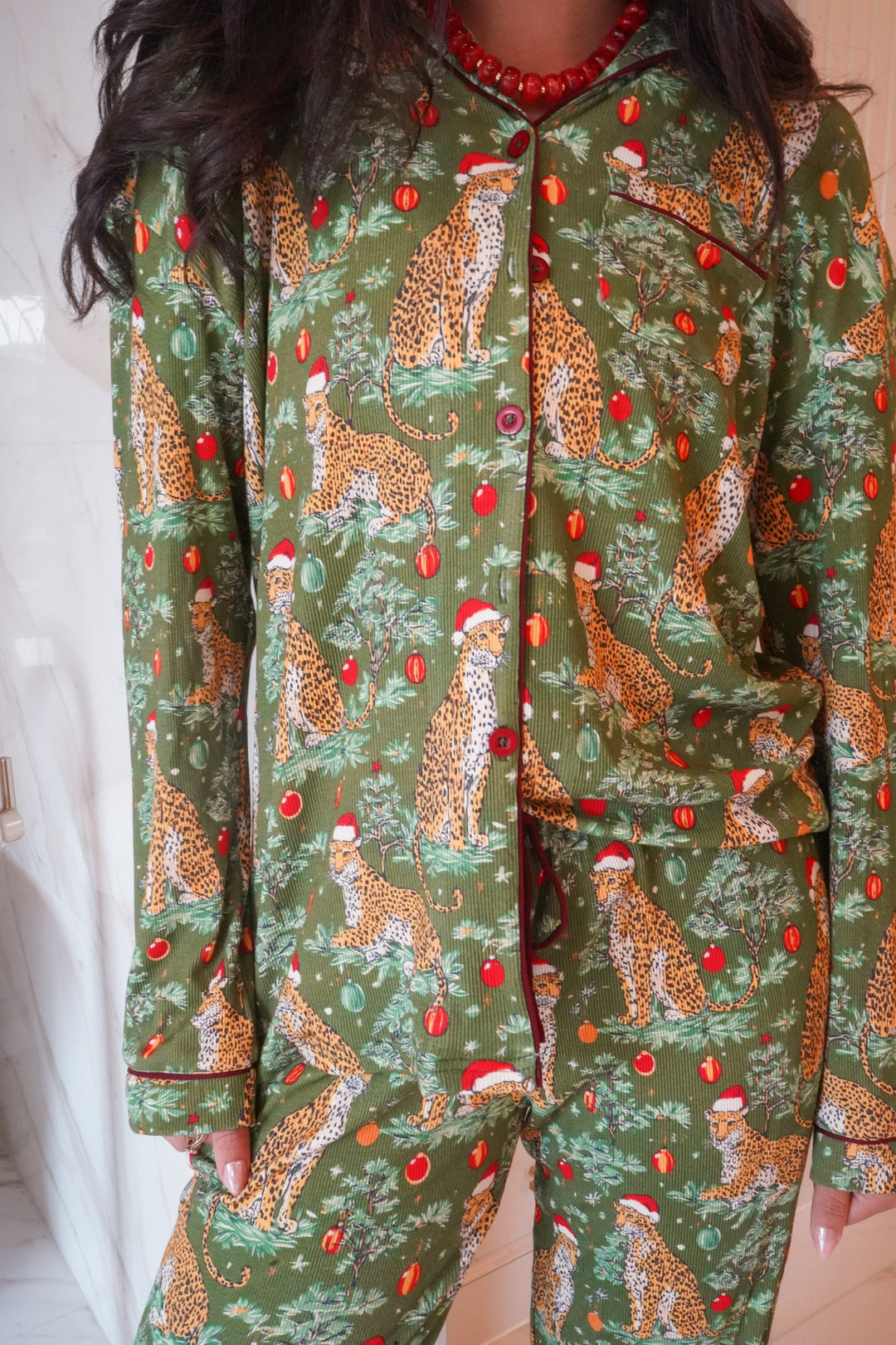 Christmas Cheetah - Ribbed Bamboo Long Sleeve + Pants Pajama Set