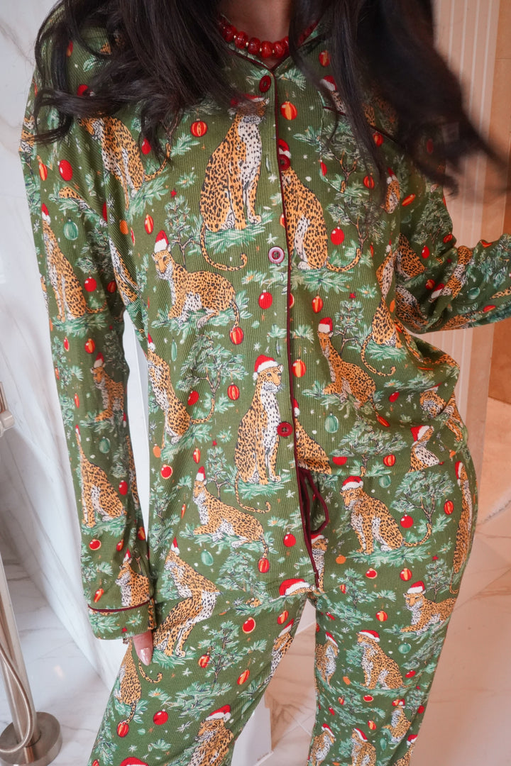 Christmas Cheetah - Ribbed Bamboo Long Sleeve + Pants Pajama Set