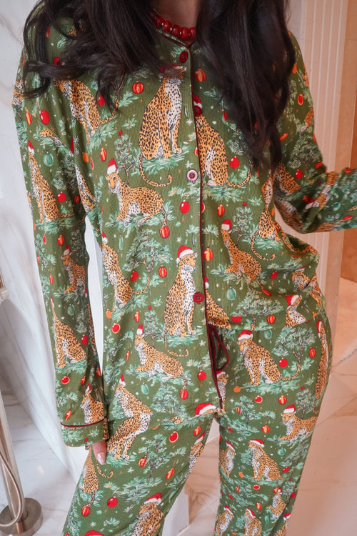 Christmas Cheetah - Ribbed Bamboo Long Sleeve + Pants Pajama Set