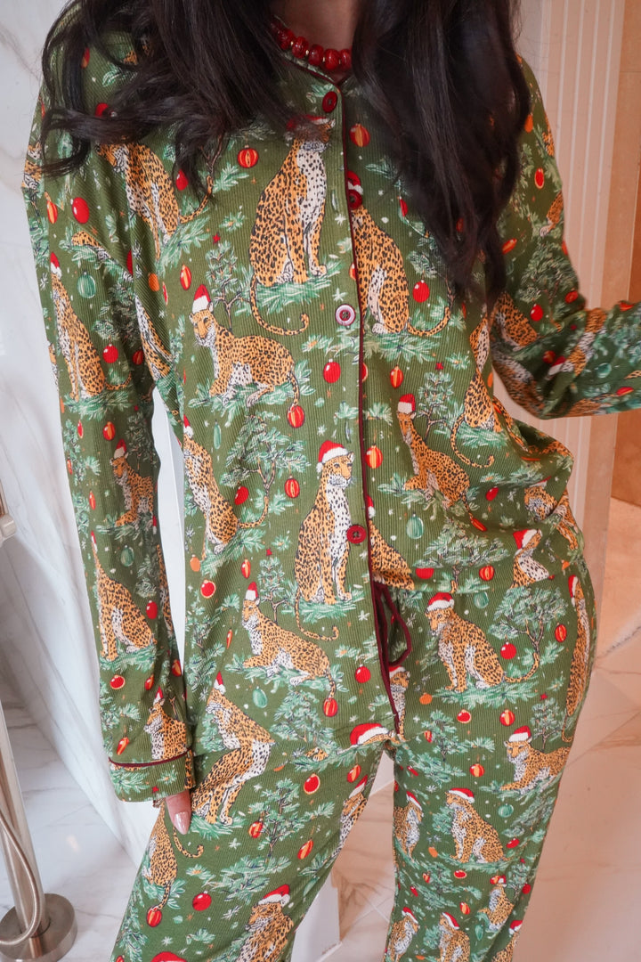Christmas Cheetah - Ribbed Bamboo Long Sleeve + Pants Pajama Set
