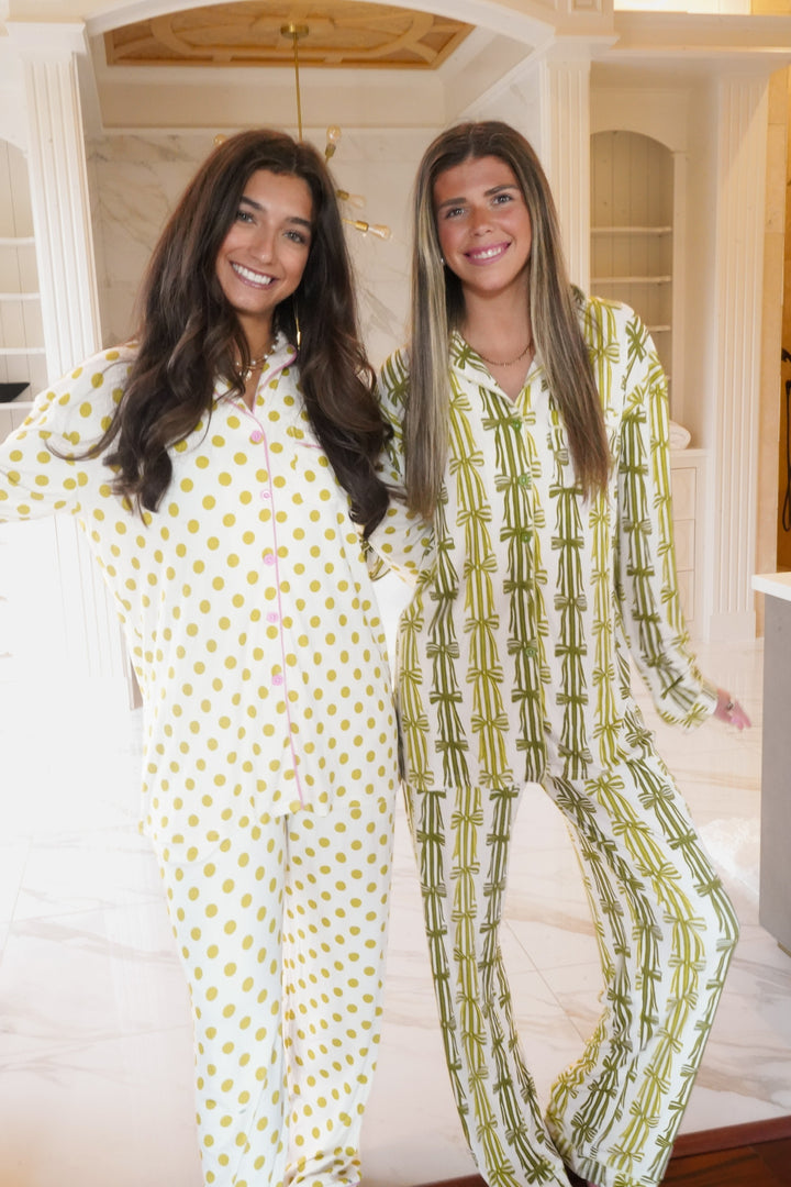 Green Ribbons - Ribbed Bamboo Long Sleeve + Pants Pajama Set