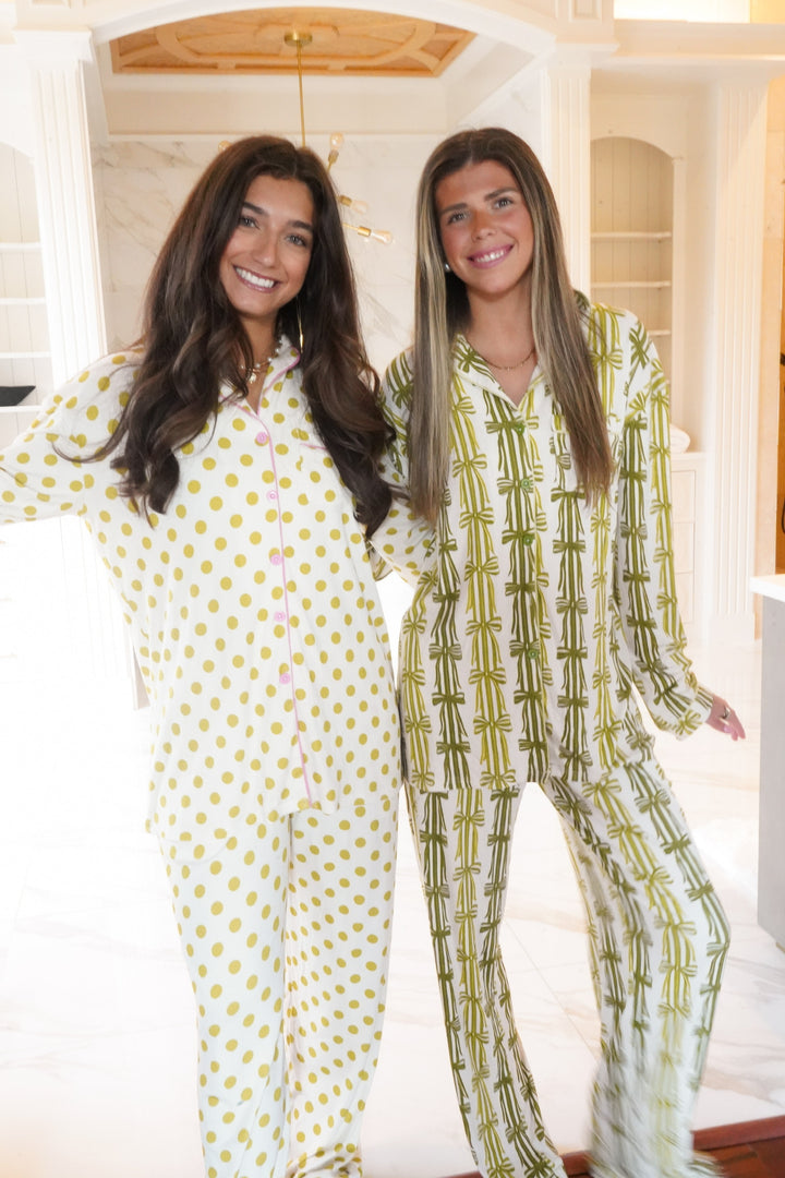 Green Ribbons - Ribbed Bamboo Long Sleeve + Pants Pajama Set