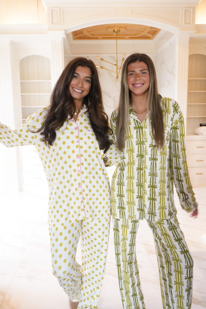 Green Ribbons - Ribbed Bamboo Long Sleeve + Pants Pajama Set