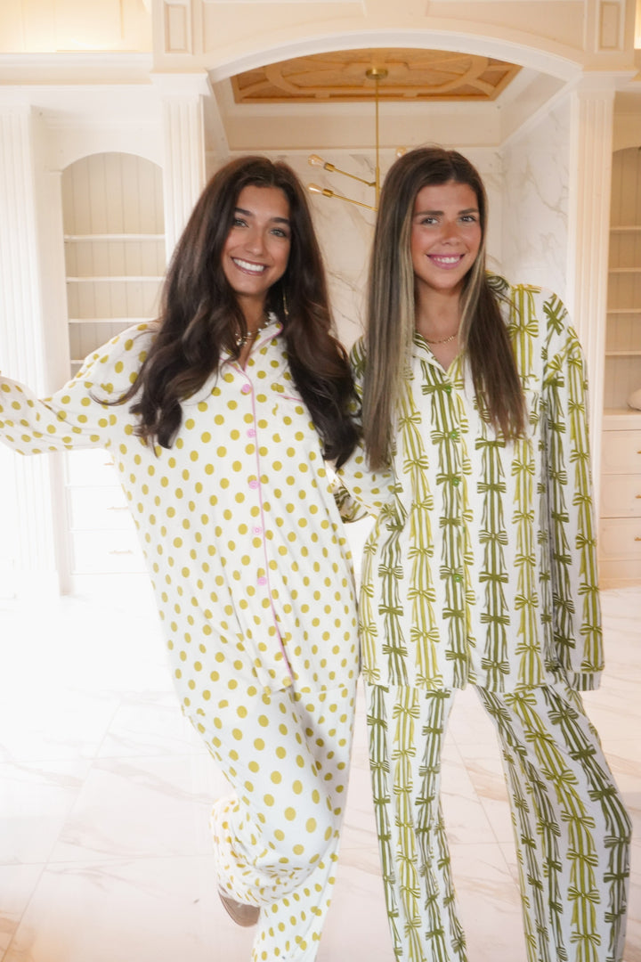 Green Ribbons - Ribbed Bamboo Long Sleeve + Pants Pajama Set