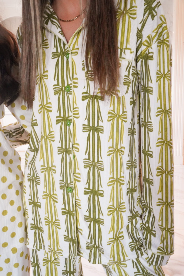Green Ribbons - Ribbed Bamboo Long Sleeve + Pants Pajama Set