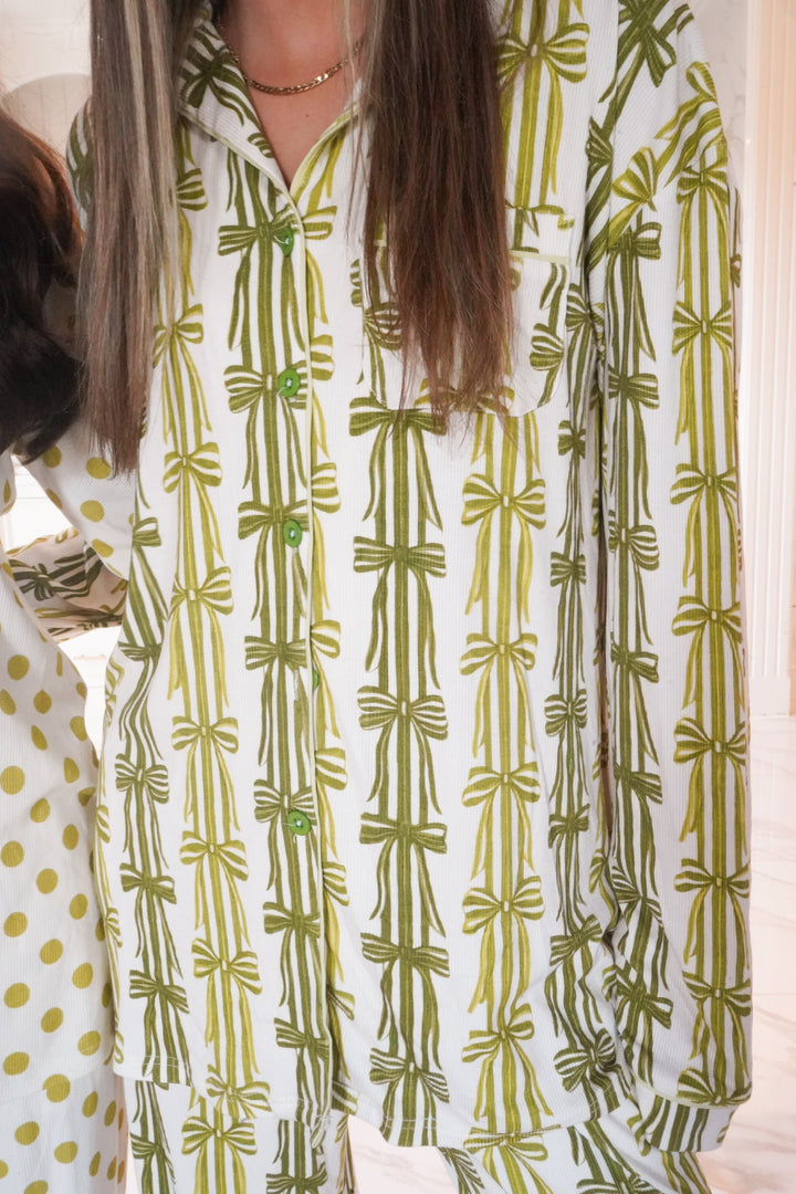 Green Ribbons - Ribbed Bamboo Long Sleeve + Pants Pajama Set
