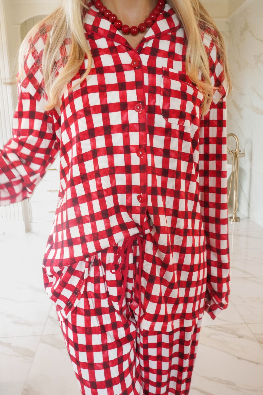 Red Gingham - Ribbed Bamboo Long Sleeve + Pants Pajama Set