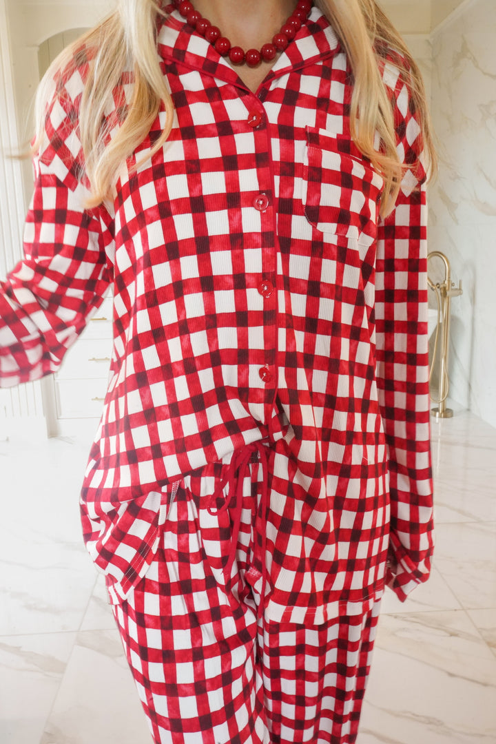 Red Gingham - Ribbed Bamboo Long Sleeve + Pants Pajama Set