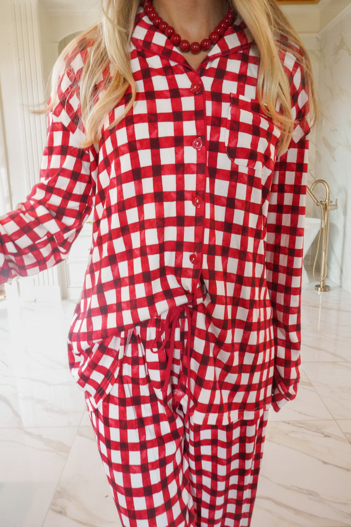 Red Gingham - Ribbed Bamboo Long Sleeve + Pants Pajama Set
