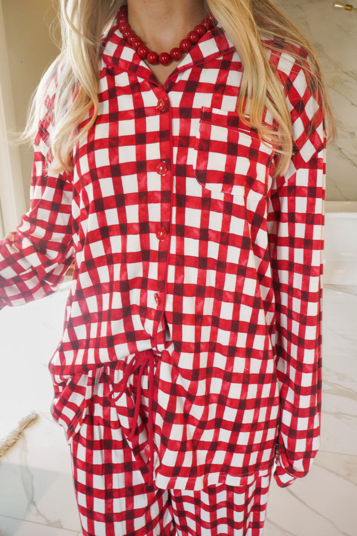 Red Gingham - Ribbed Bamboo Long Sleeve + Pants Pajama Set