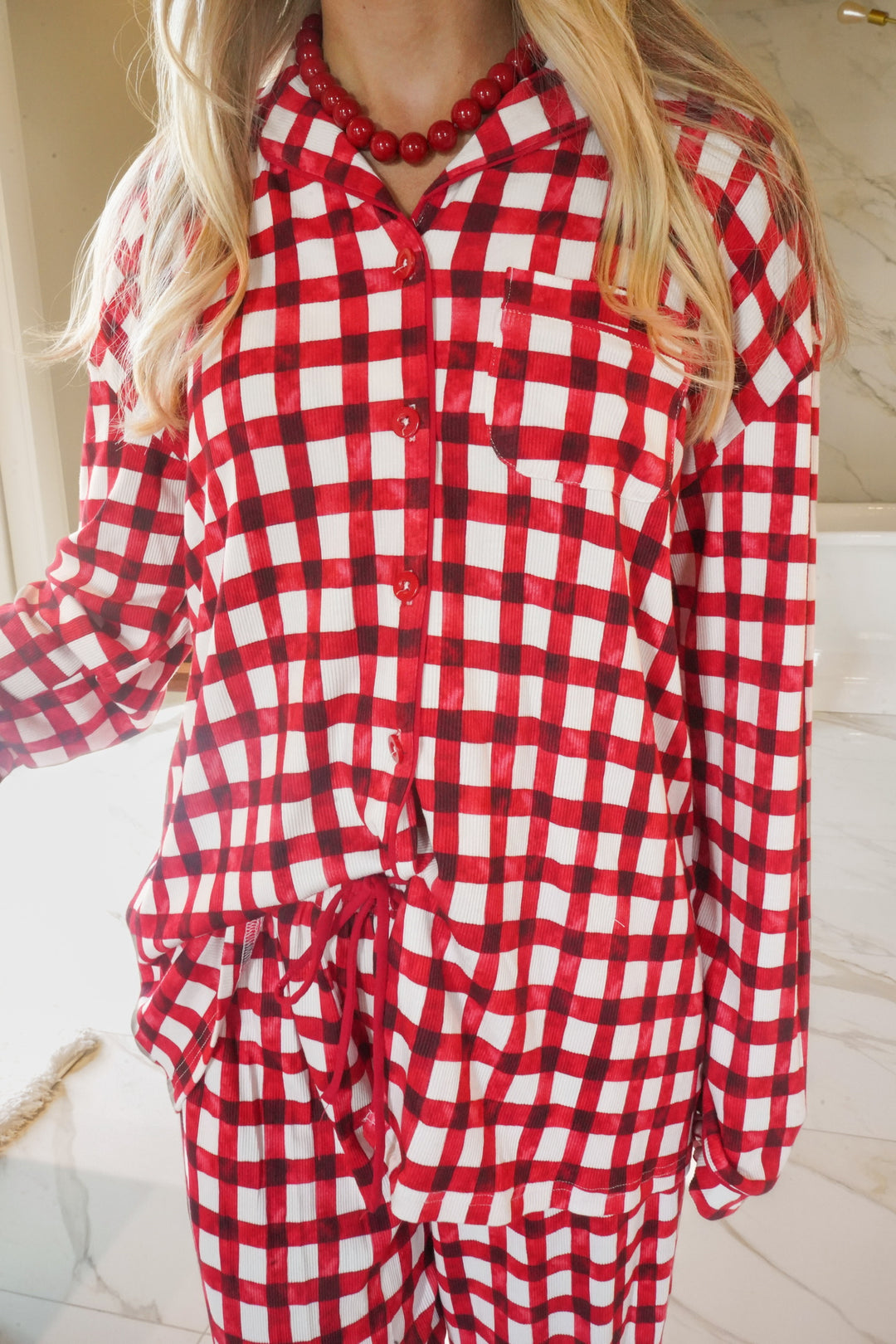 Red Gingham - Ribbed Bamboo Long Sleeve + Pants Pajama Set
