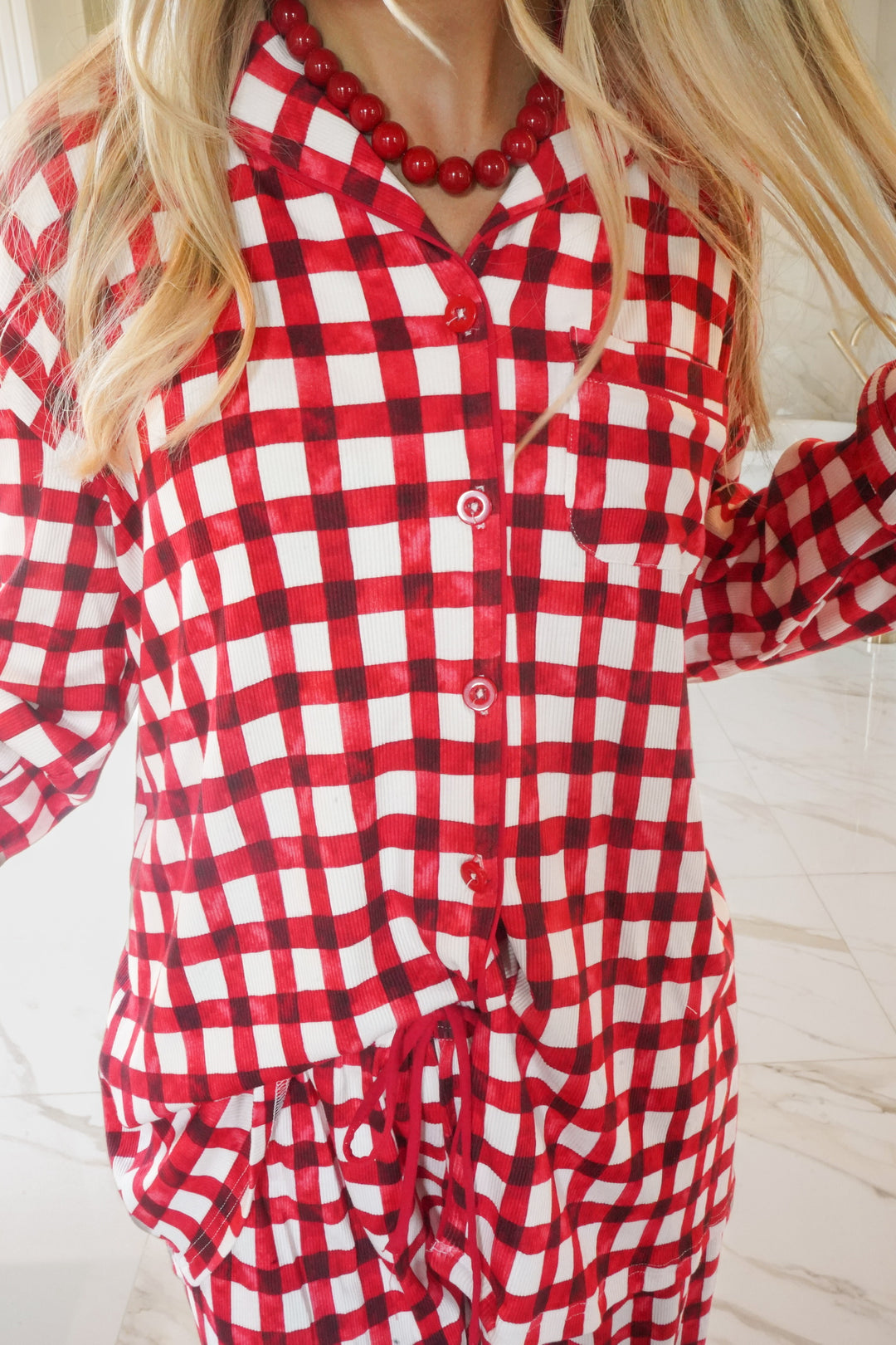 Red Gingham - Ribbed Bamboo Long Sleeve + Pants Pajama Set