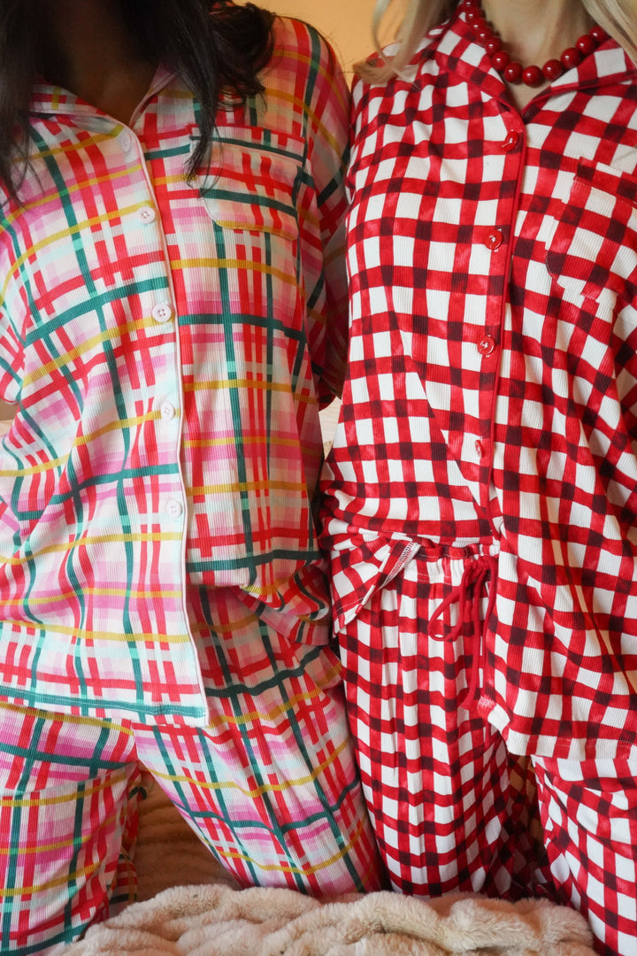 Red Gingham - Ribbed Bamboo Long Sleeve + Pants Pajama Set