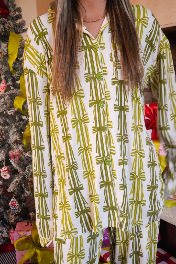 Green Ribbons - Ribbed Bamboo Long Sleeve + Pants Pajama Set