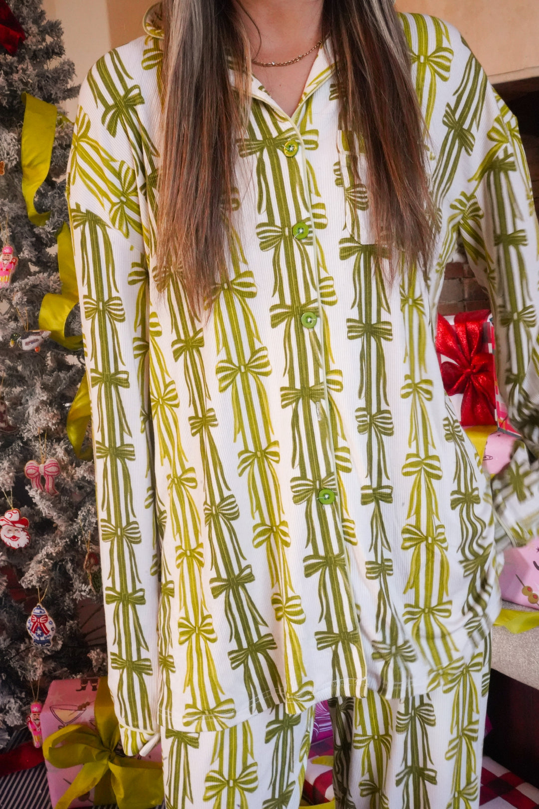 Green Ribbons - Ribbed Bamboo Long Sleeve + Pants Pajama Set