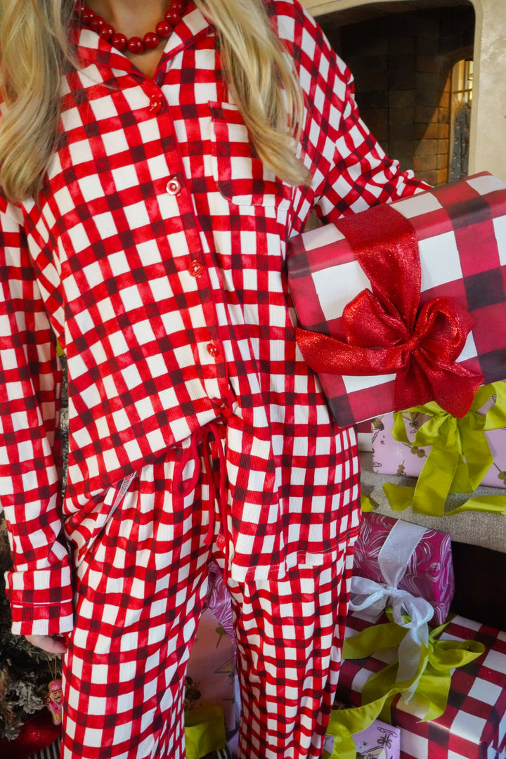 Red Gingham - Ribbed Bamboo Long Sleeve + Pants Pajama Set