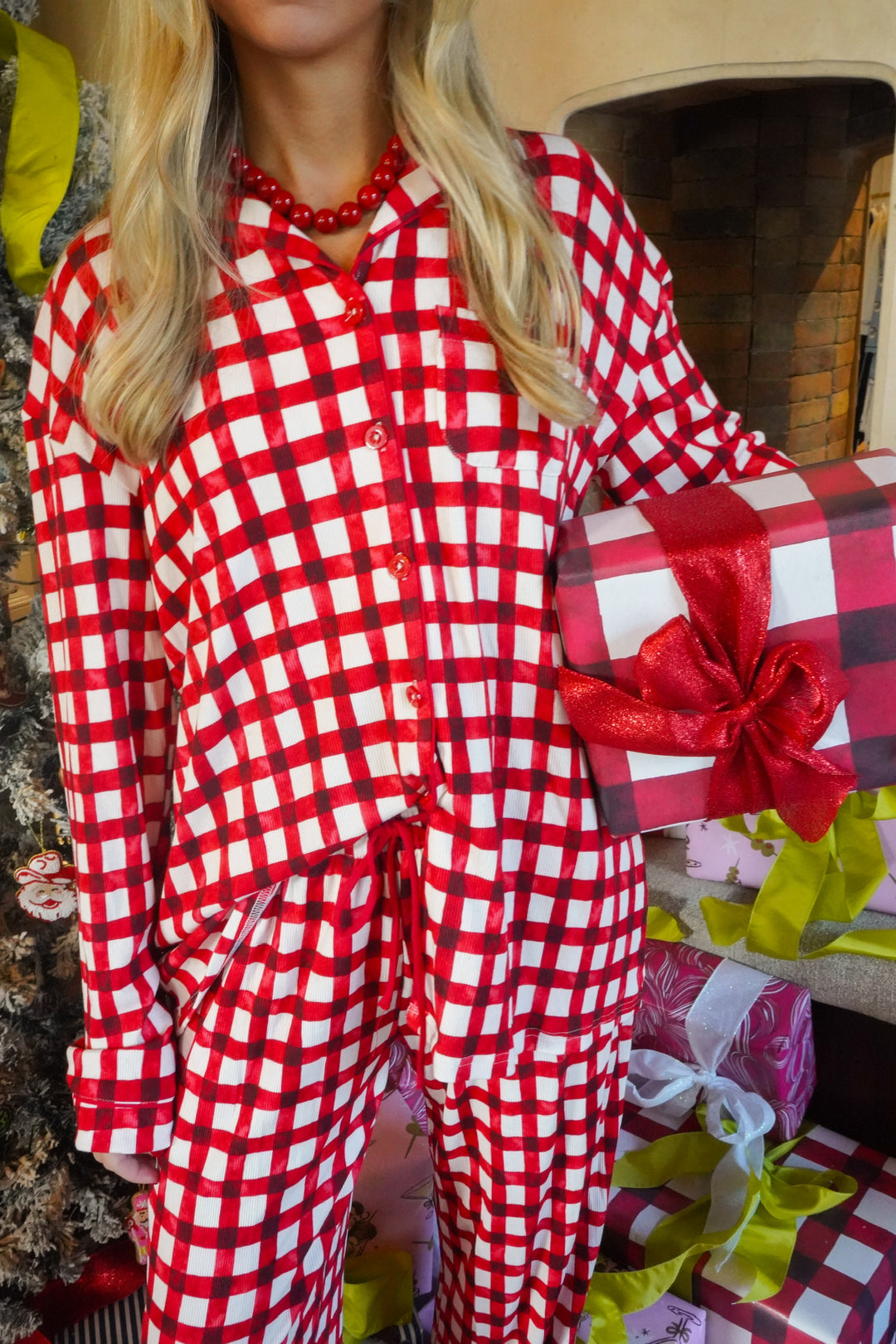 Red Gingham - Ribbed Bamboo Long Sleeve + Pants Pajama Set