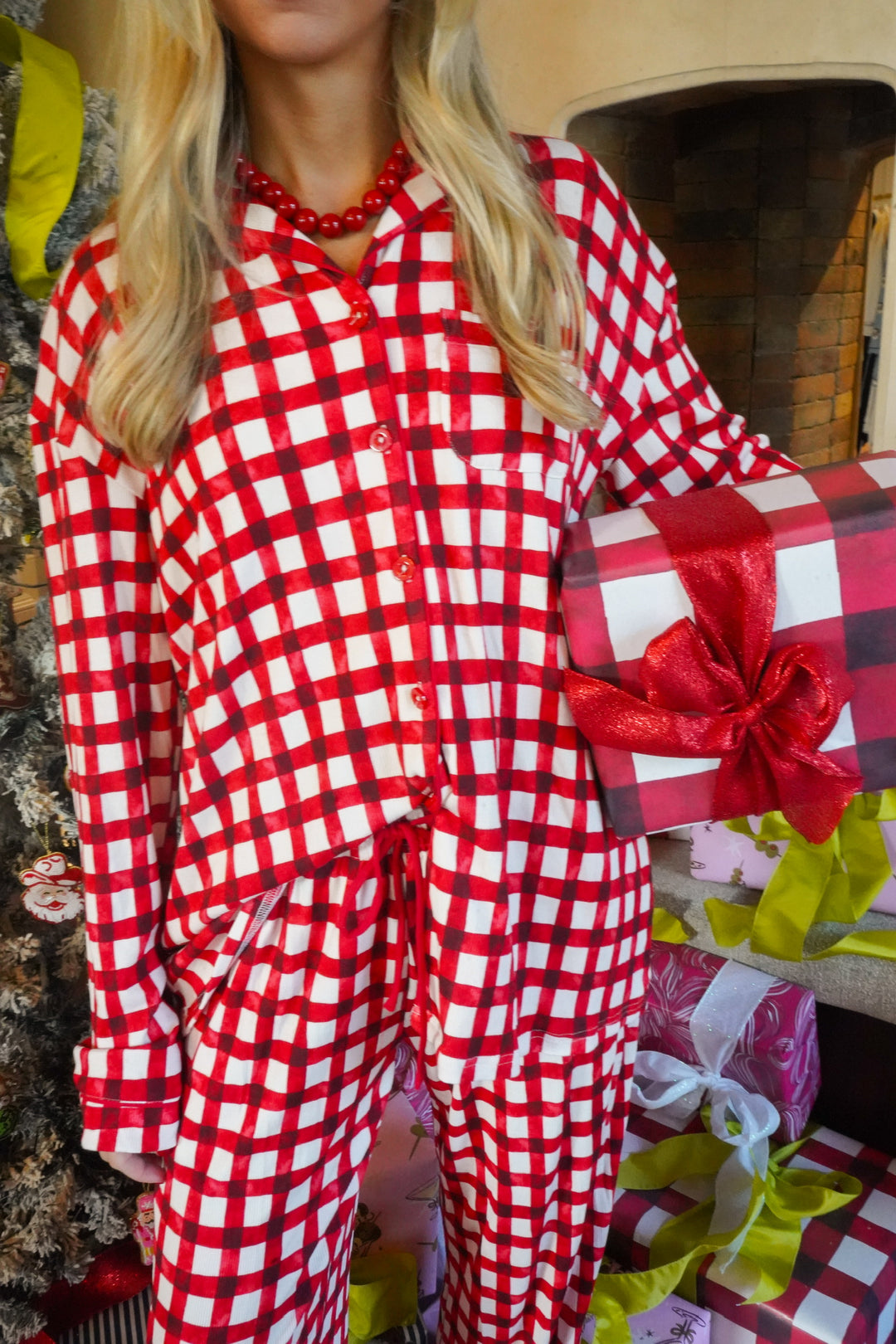 Red Gingham - Ribbed Bamboo Long Sleeve + Pants Pajama Set
