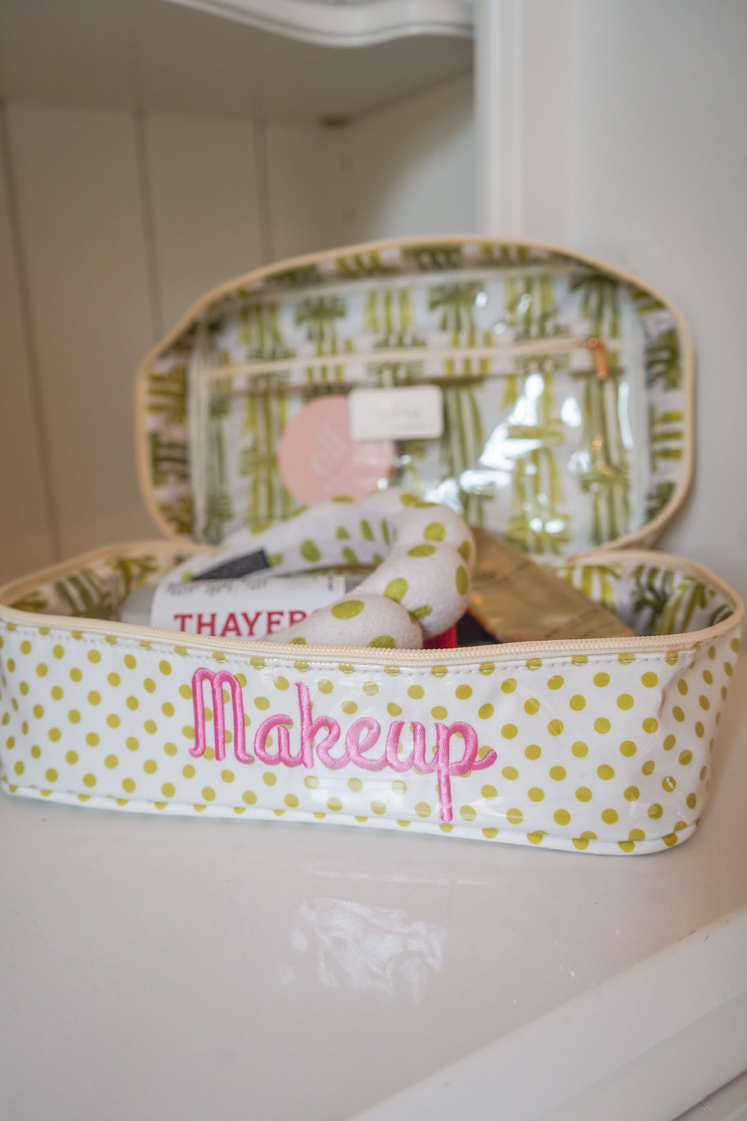 Makeup - Chartreuse Polka Dot Open Top Bag