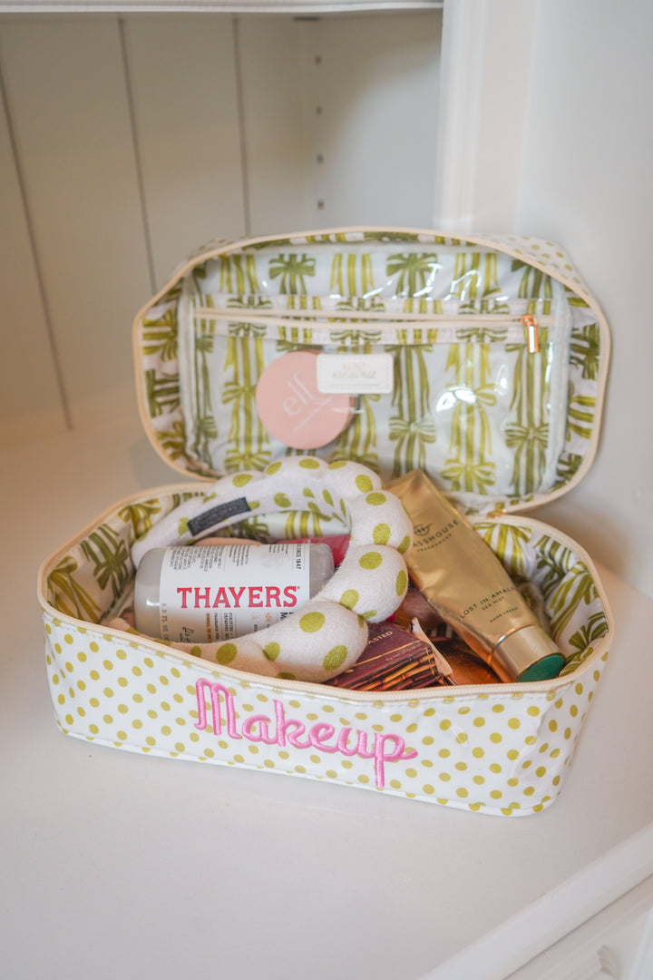 Makeup - Chartreuse Polka Dot Open Top Bag