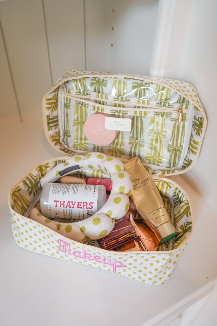 Makeup - Chartreuse Polka Dot Open Top Bag