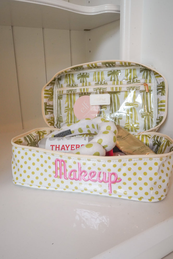 Makeup - Chartreuse Polka Dot Open Top Bag